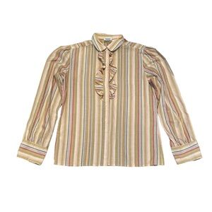 Vintage 1970s 1980s Levi's Strauss Blouse Pink Striped Ruffle Peter Pan Collar M